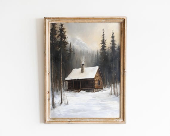 Vintage Winter Cabin Landscape Painting Moody Snowy Rustic Mountain Scene Wall Art Vi116