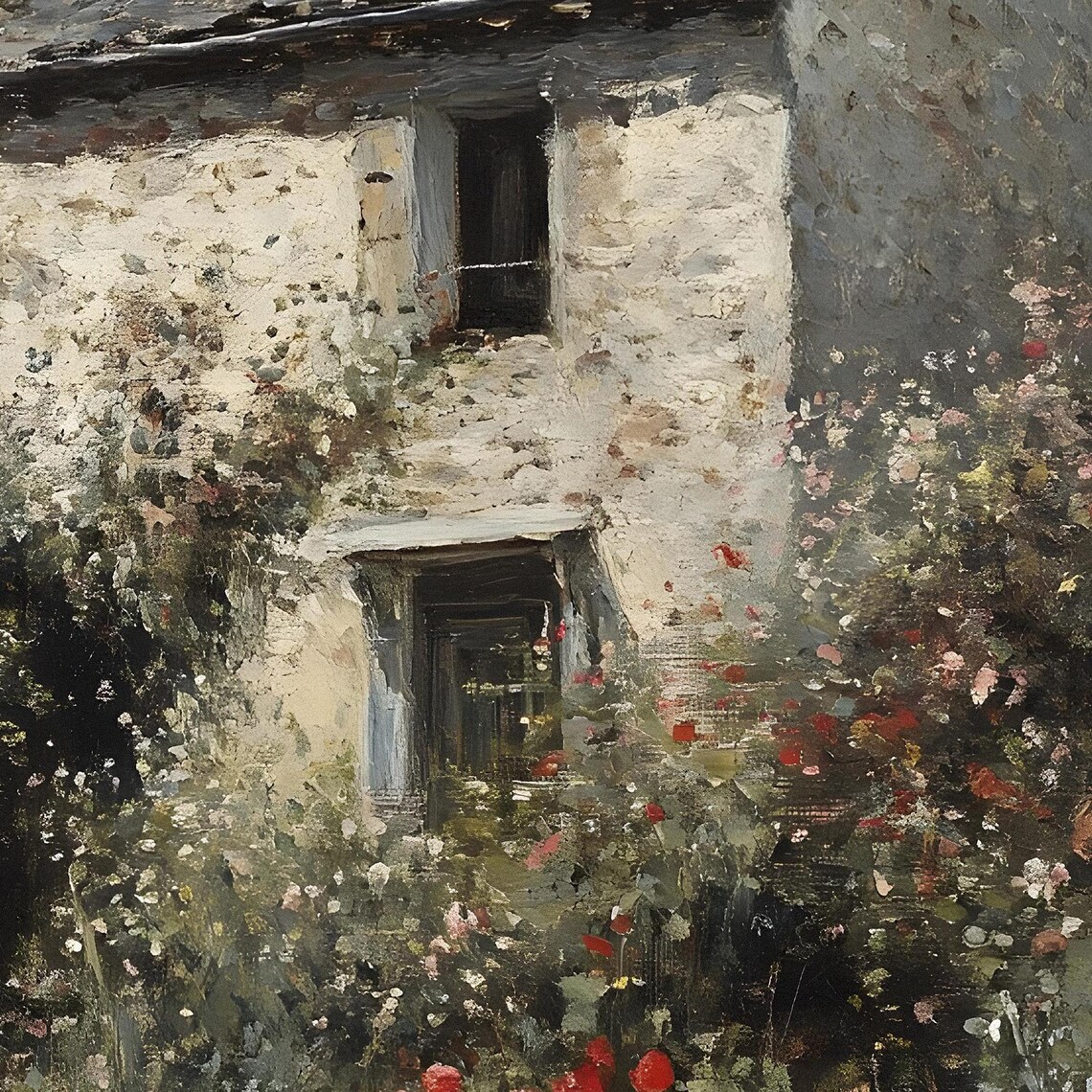 Stone Cottage Wildflower Garden Red Poppies Blue Door Rustic Poster - Image 2