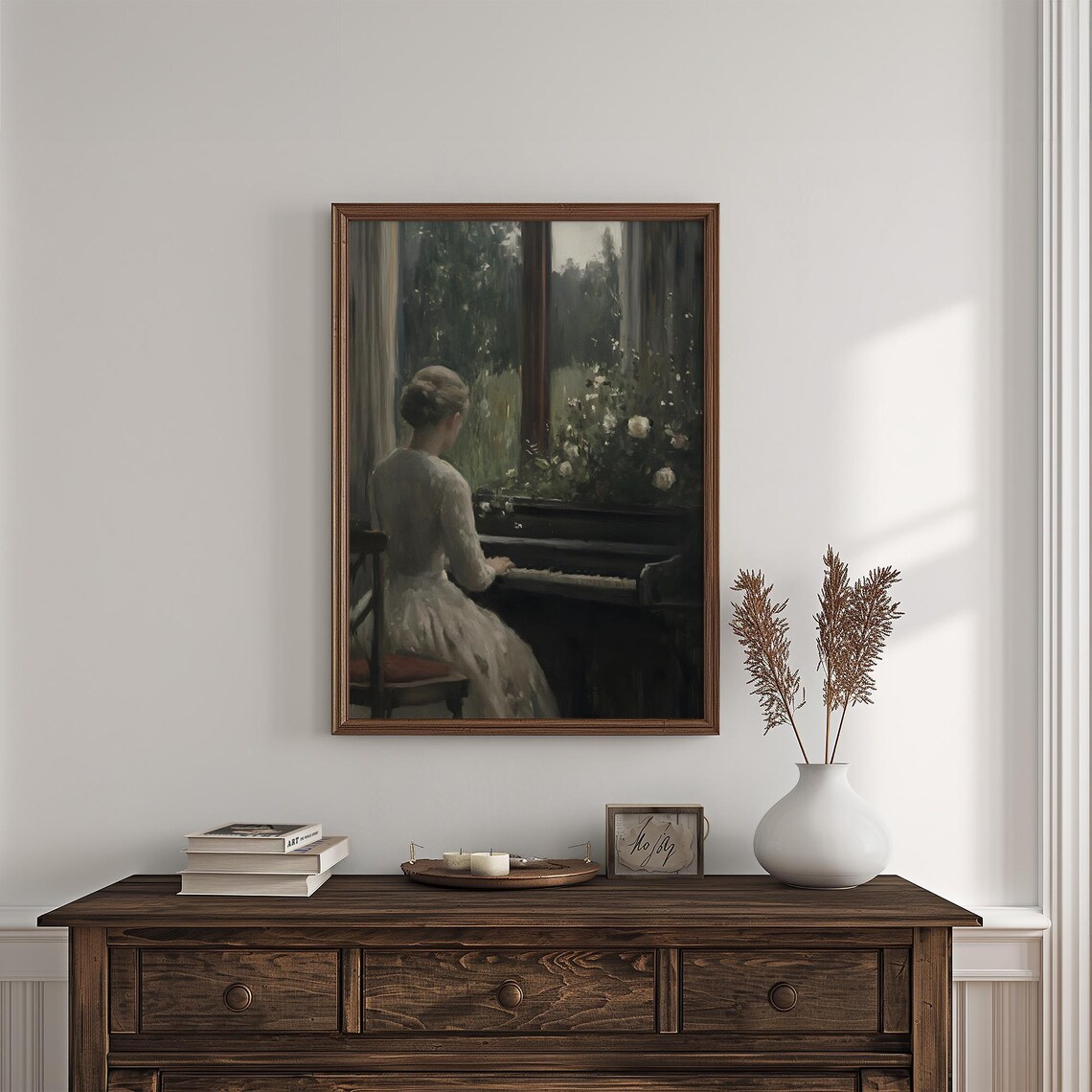 Woman At Piano White Dress Window Garden Moody Interior Oil Poster - Image 4