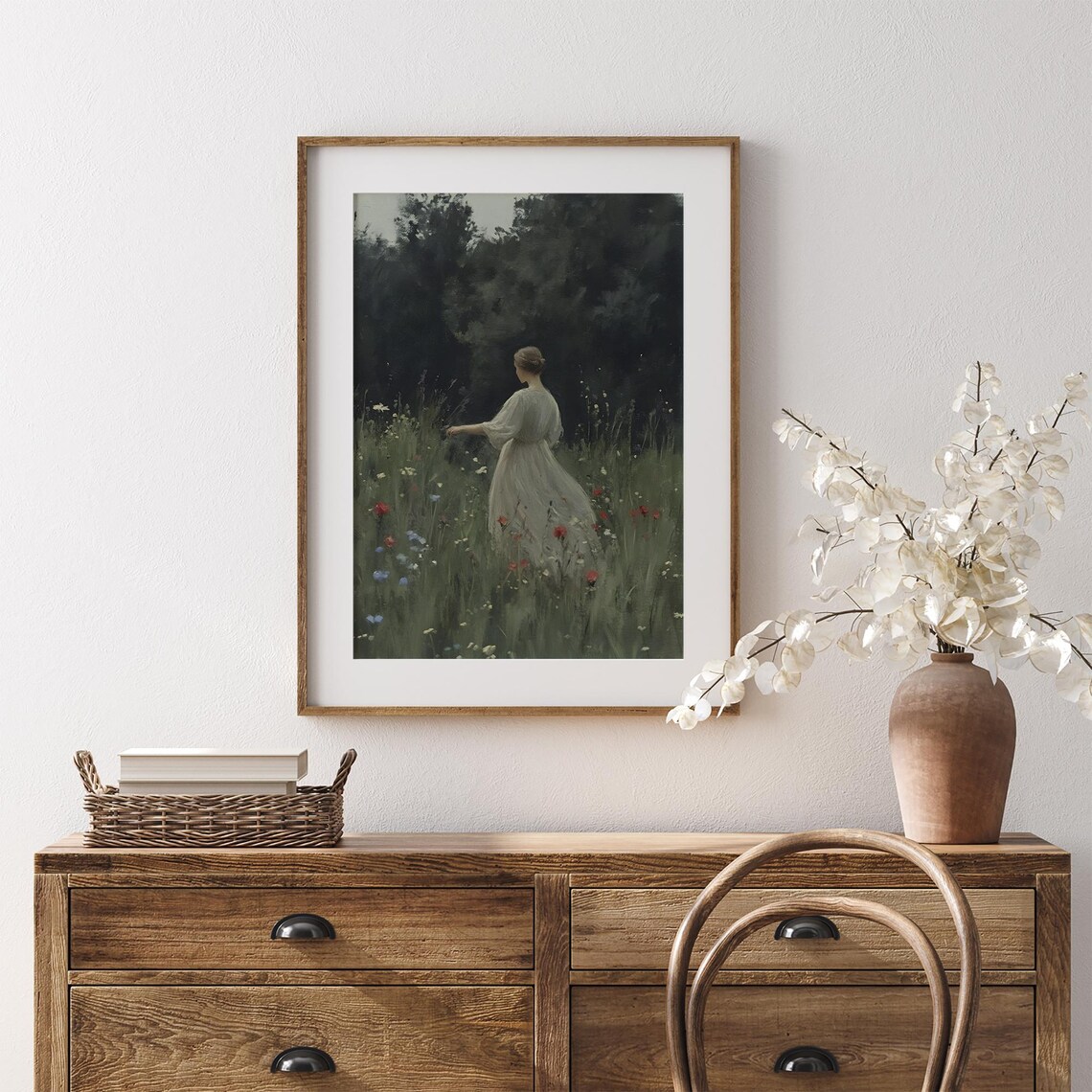 Woman In White Dress Among Red Poppies Vintage Meadow Painting Poster - Image 7