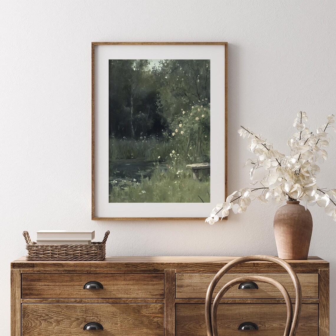 Moody Garden Pond Bench Dark Green Forest Oil Painting Wall Art - Image 7