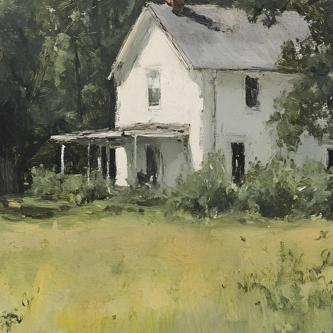 White Farmhouse Among Summer Trees Vintage Countryside Painting Poster - Image 2