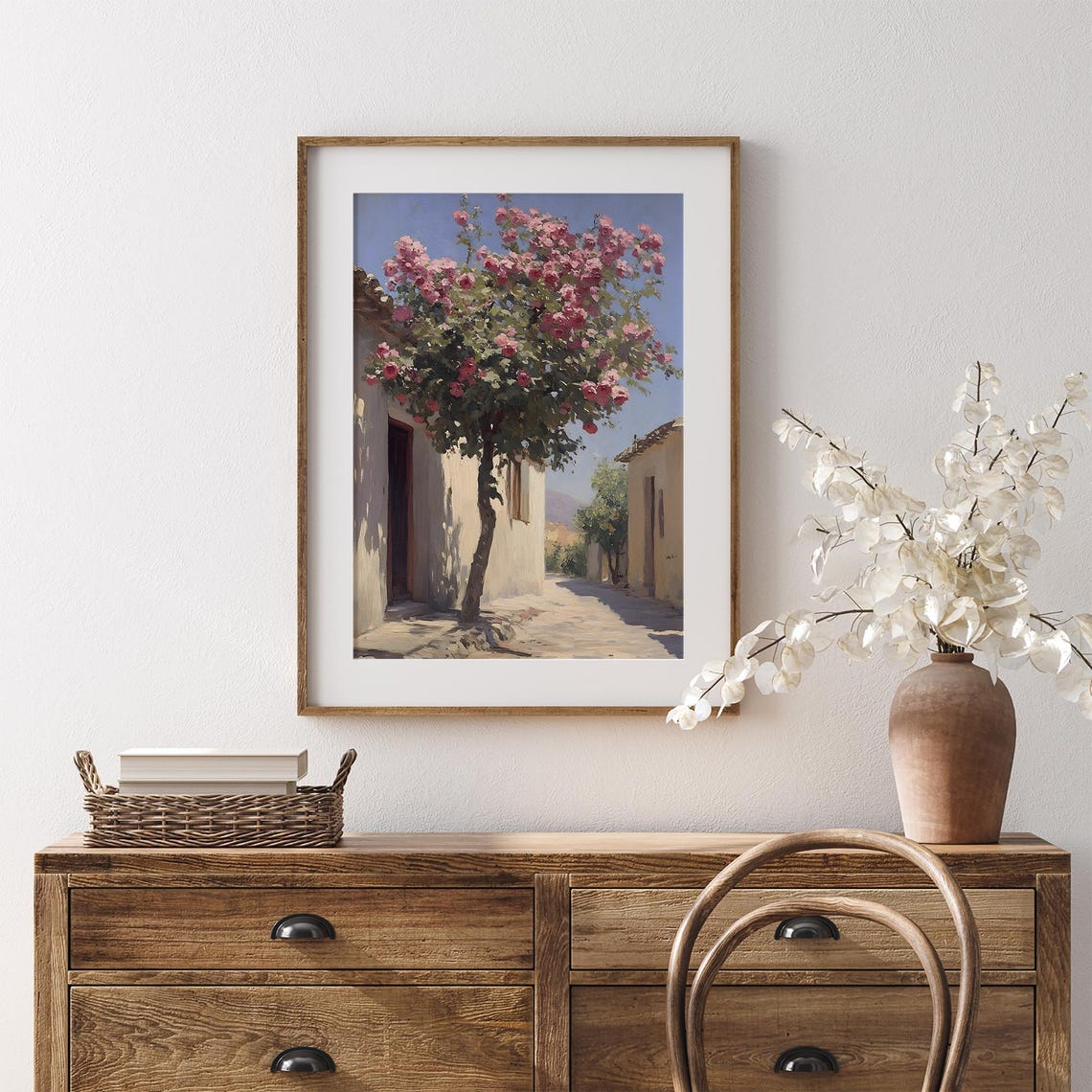 Blooming Rose Tree Mediterranean Street Sunlit Village Scene Poster - Image 7