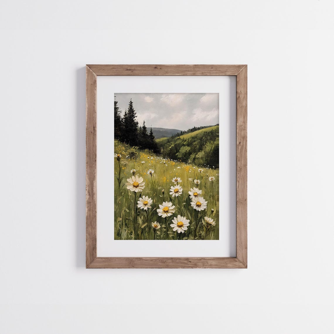 Daisy Field Before Pine Forest Vintage Green Meadow Painting Poster - Image 3