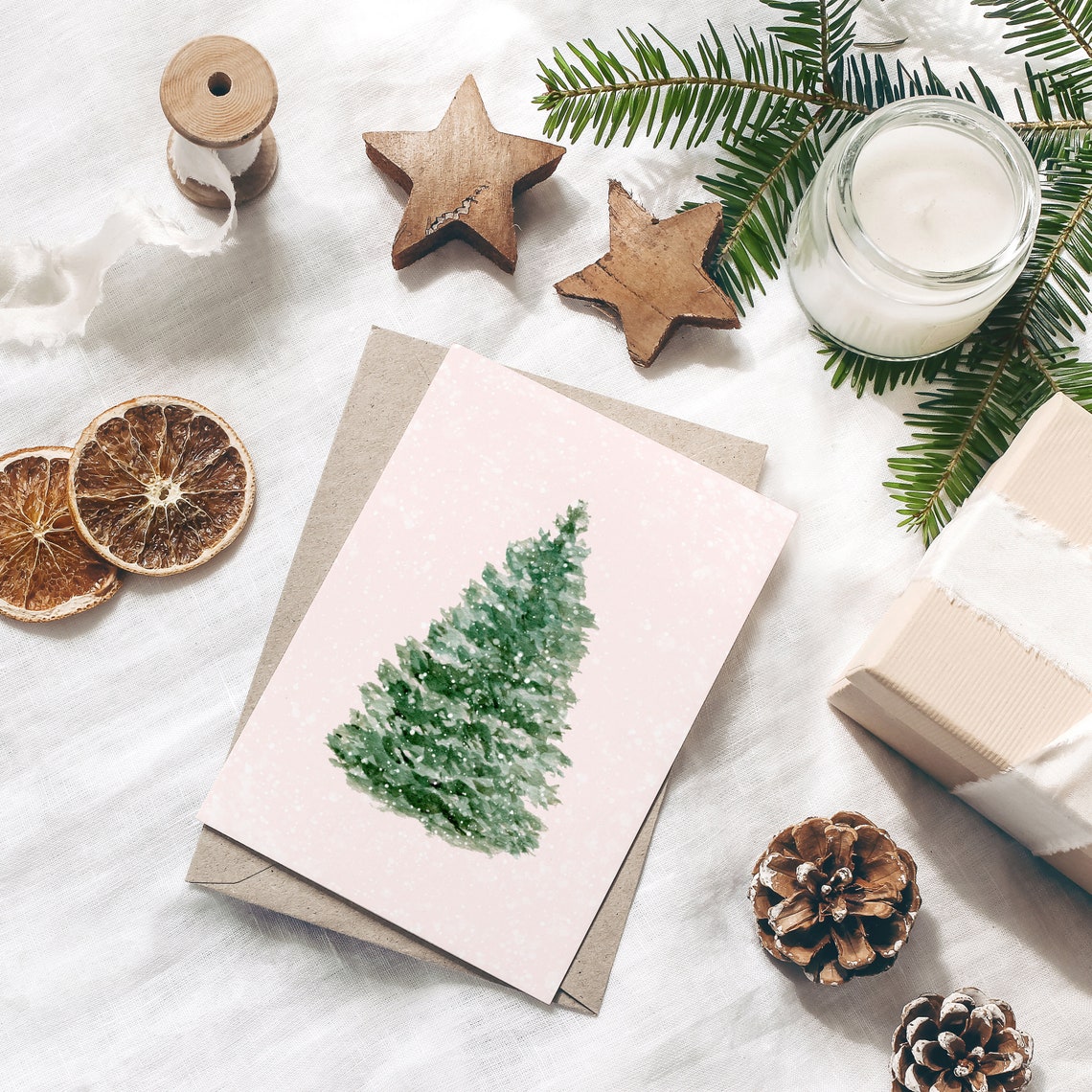 Watercolor Pine Tree Blush Pink Snow Winter Botanical Poster - Image 4