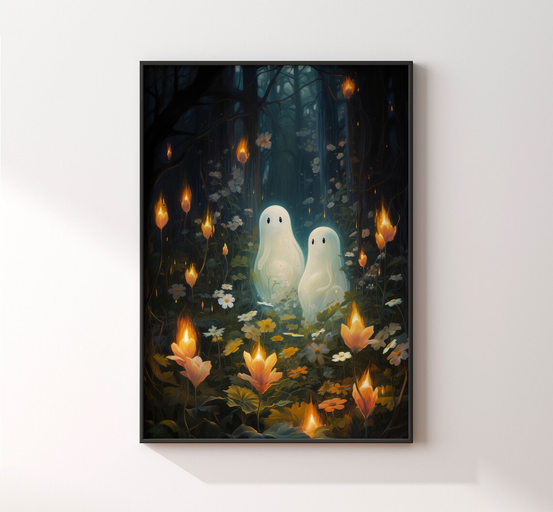 Two Little Ghosts in a Dark Forest with Glowing Flowers Halloween Poster - Image 3