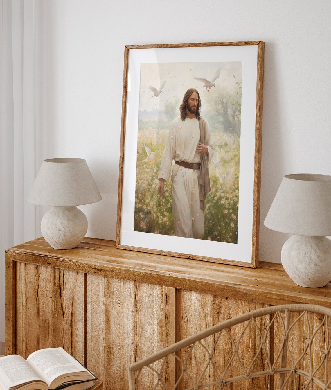 Jesus Christ White Robe Meadow Doves Christian Faith Art Poster - Image 2