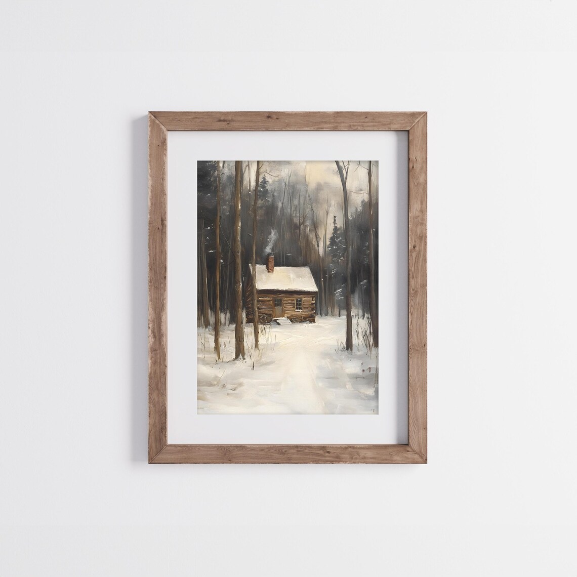 Log Cabin With Chimney Smoke In Snowy Dark Woods Moody Winter Scene Poster - Image 4