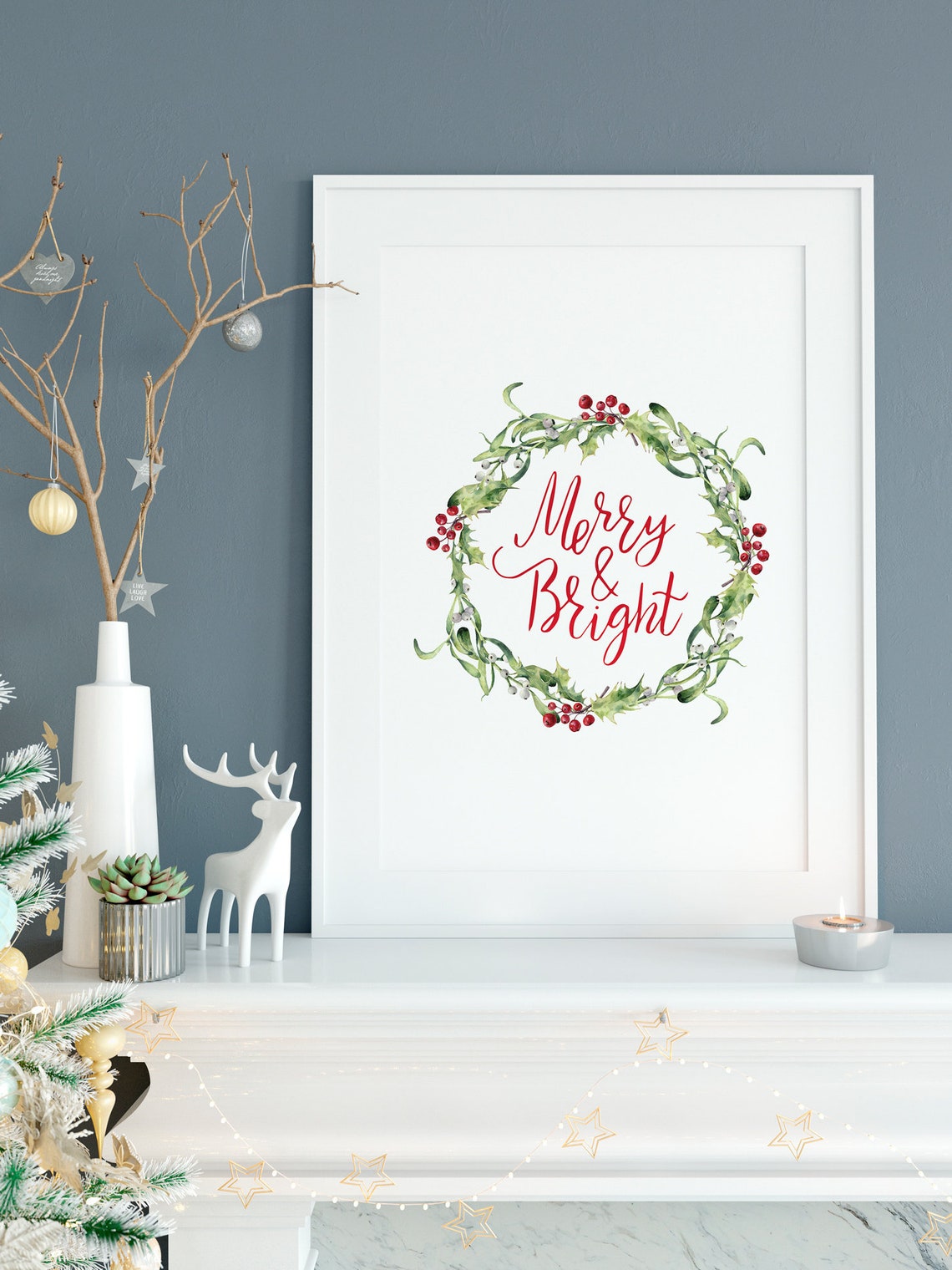 Merry and Bright Holly Wreath Red Script Watercolor Holiday Poster - Image 4