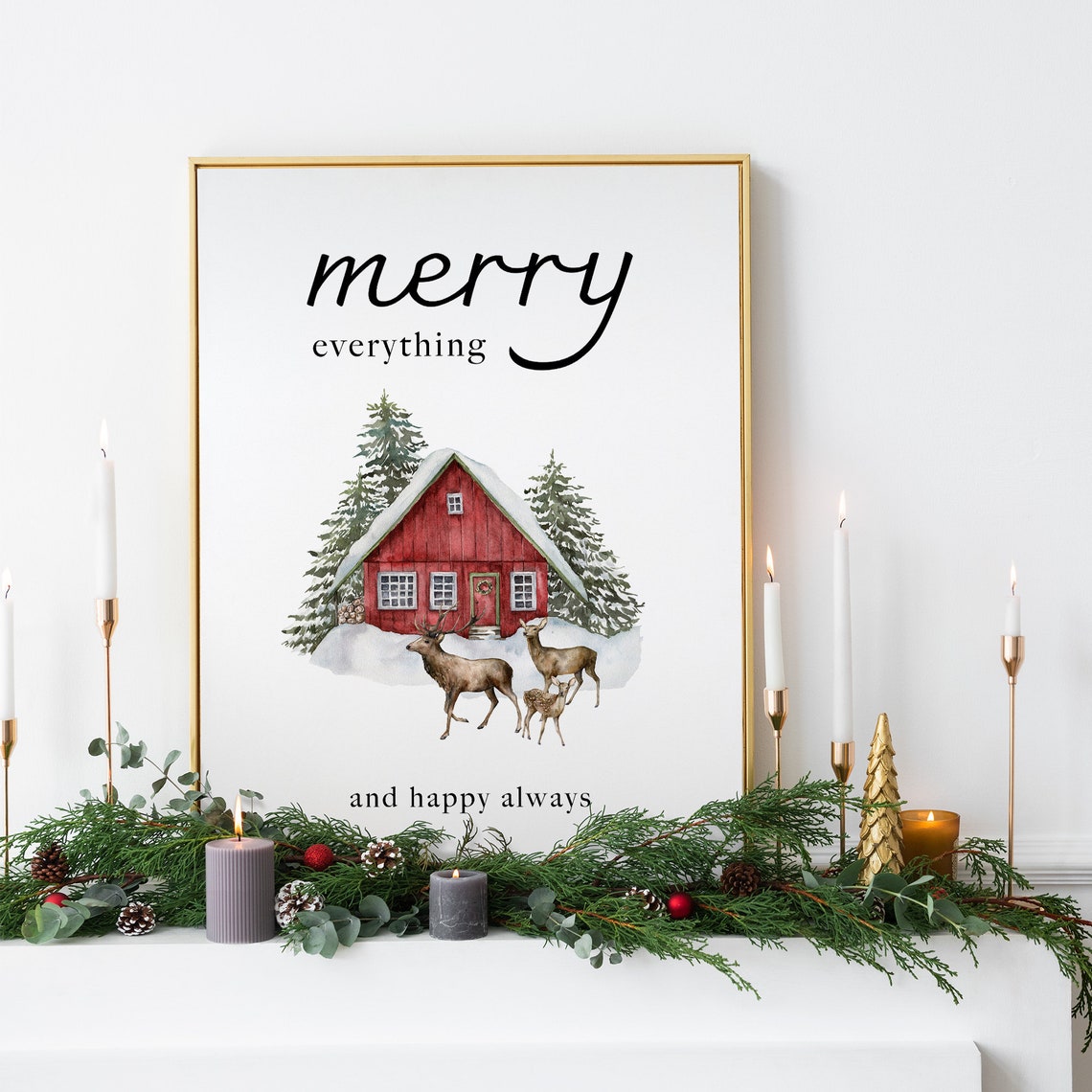 Merry Everything Red Barn Deer Watercolor Christmas Scene Poster - Image 4