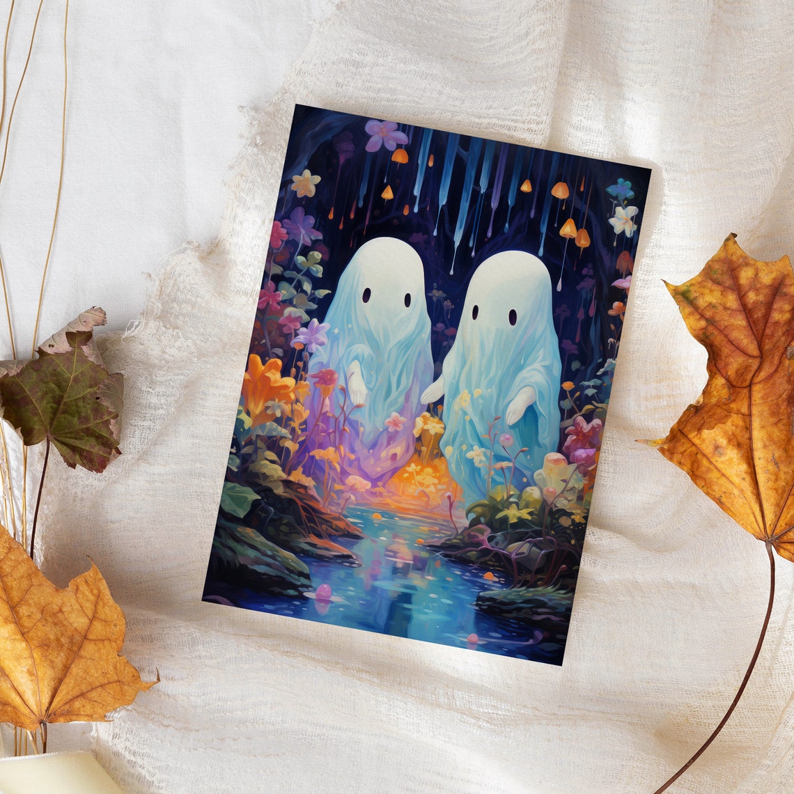 Two Cute Ghosts Print Halloween Sheeted Ghost Art Print Ghosts Halloween Wall Decor Colorful Art - Image 4