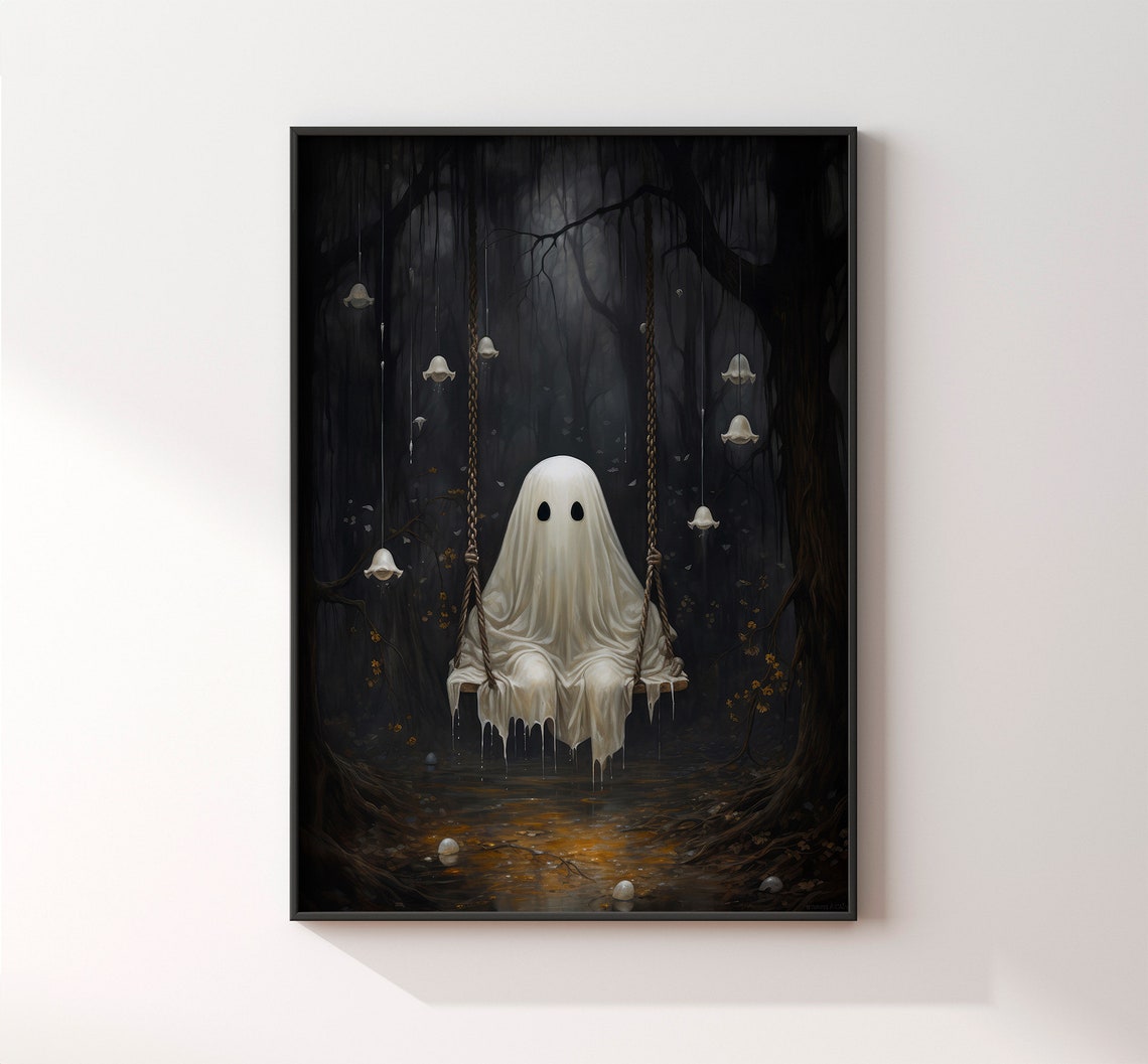 Sheeted Ghost on a Swing in a Dark Forest Halloween Spooky Art Poster - Image 2