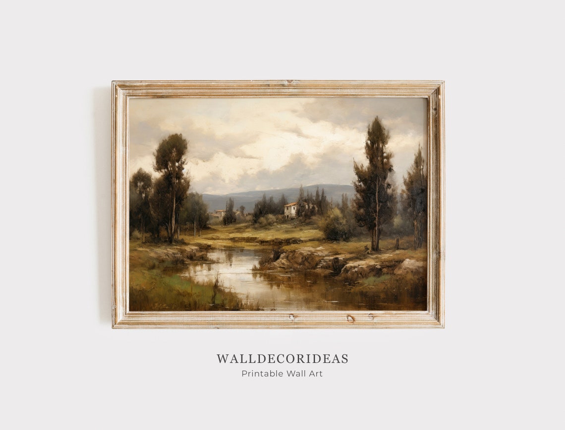 Tranquil Countryside Pond With Poplar Trees And Cottage Poster