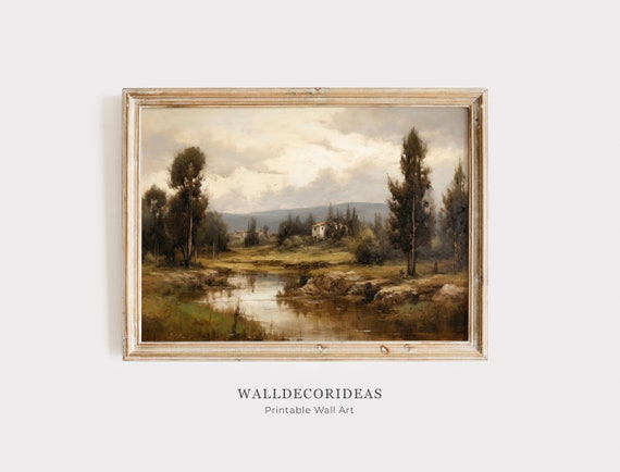 Neutral Cottage Print Vintage Landscape Painting Farmhouse Decor Vintage Art Wall Art