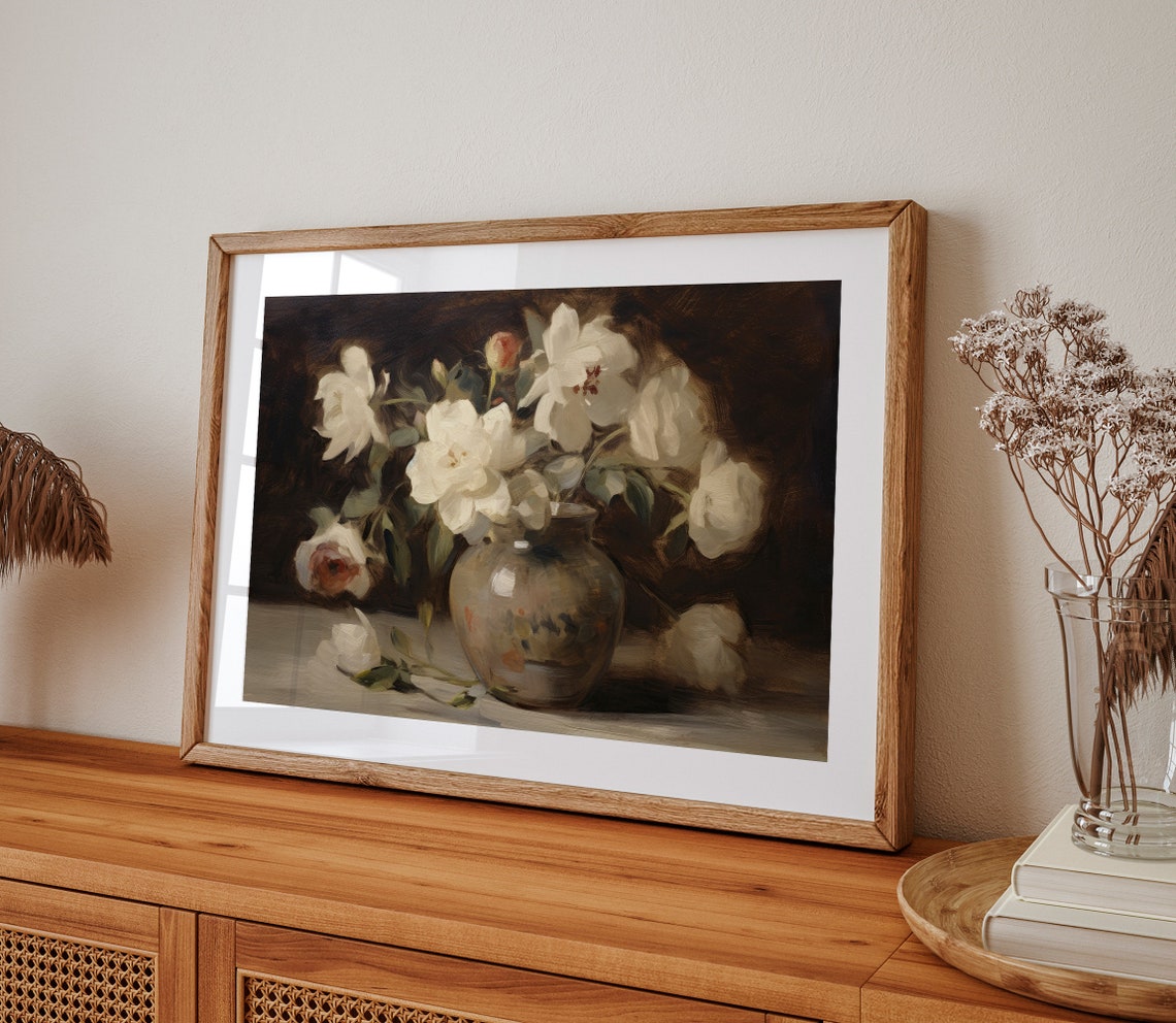 White Roses In A Ceramic Vase Dark Moody Floral Painting Poster - Image 2