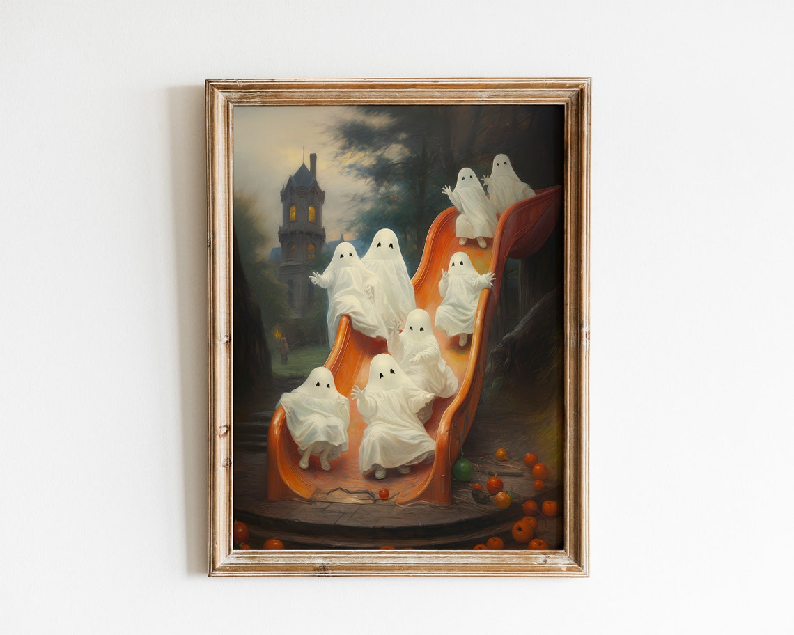 Playful Ghosts Riding A Red Slide Near Haunted Tower Halloween Poster
