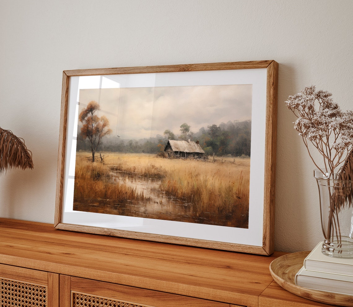 Rustic Old Cottage In Golden Field With Pond Painting Poster - Image 2