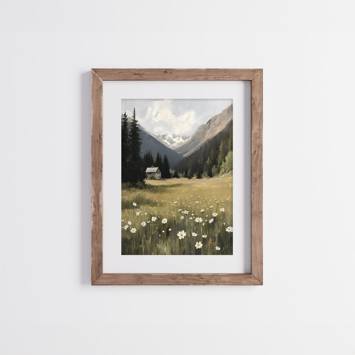 Alpine Meadow With Daisies And Cabin Vintage Mountain Painting Poster - Image 3