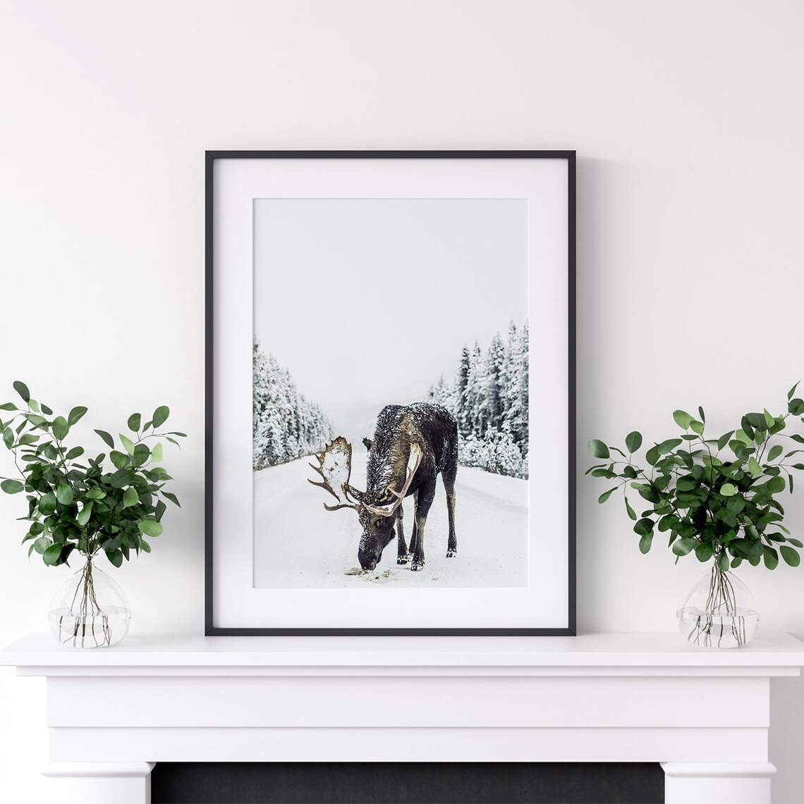 Moose Bull Snowy Winter Forest Road Wildlife Photography Poster - Image 2