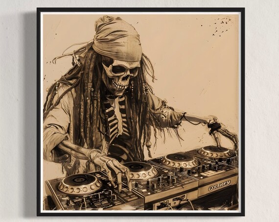 Pirate Skeleton DJ Mixing Decks Sepia Charcoal Drawing Fun Music Poster