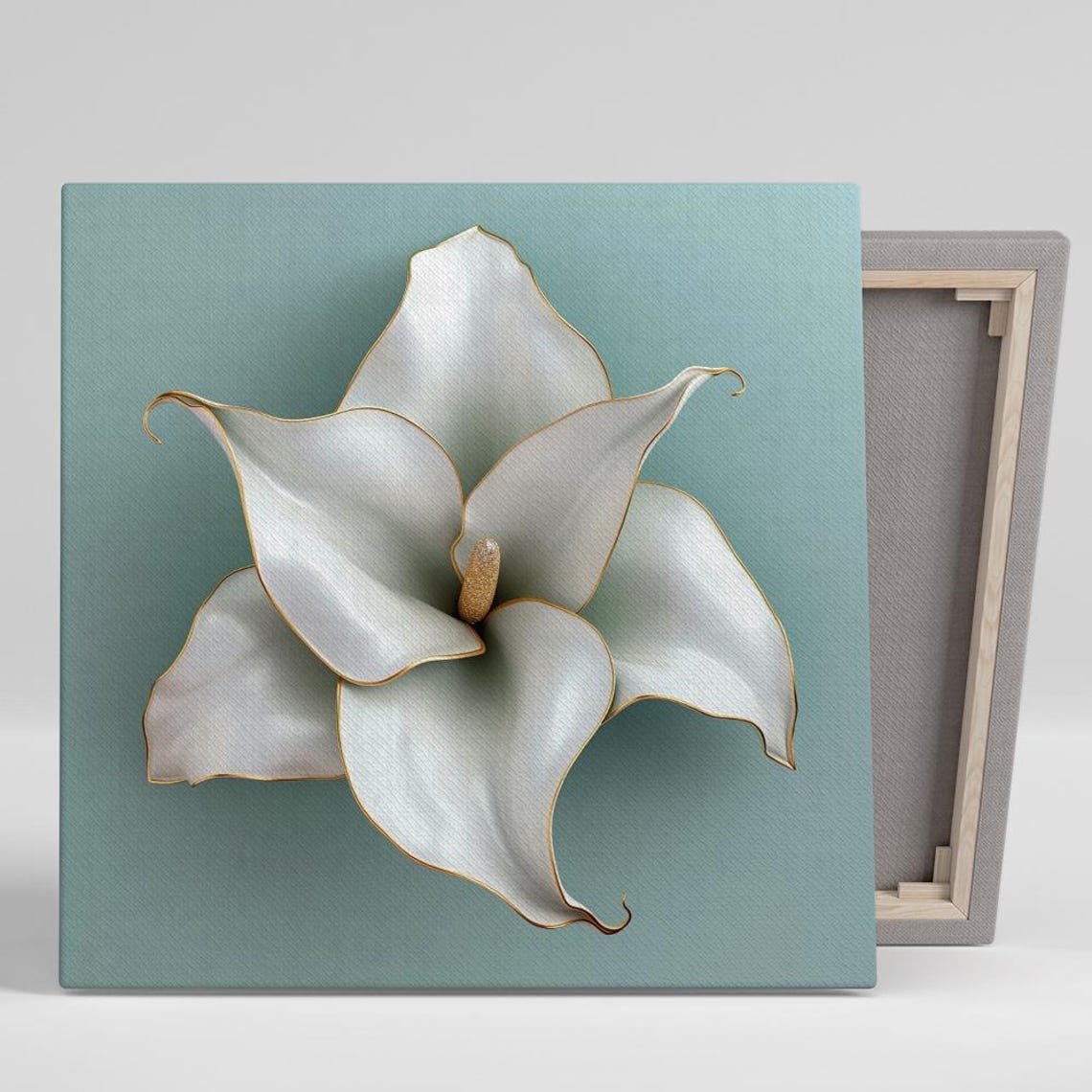 White Calla Lily Gold Trim 3D Teal Glam Elegant Modern Floral Print