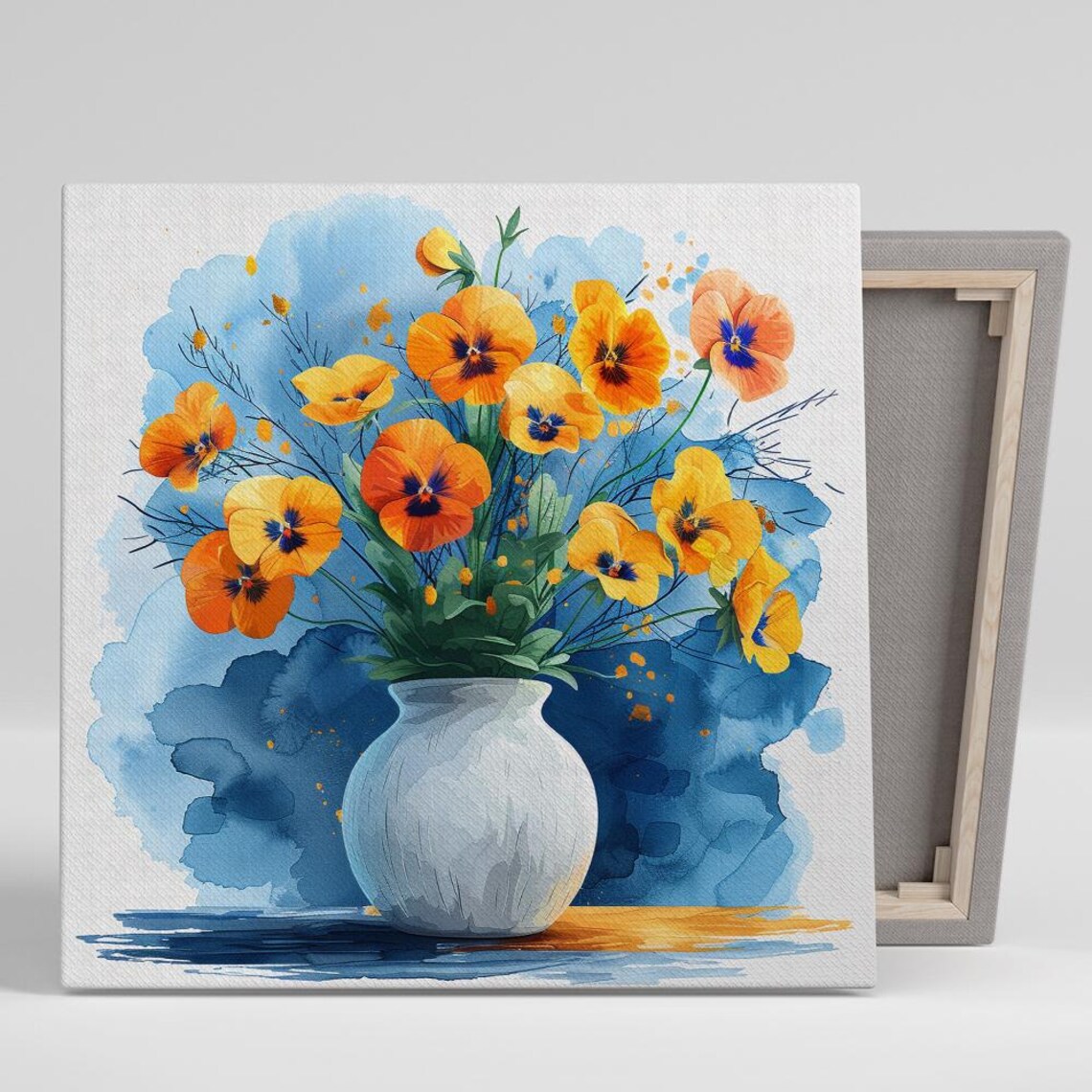 Orange Pansy Bouquet in White Vase Blue Watercolor Floral Wall Art
