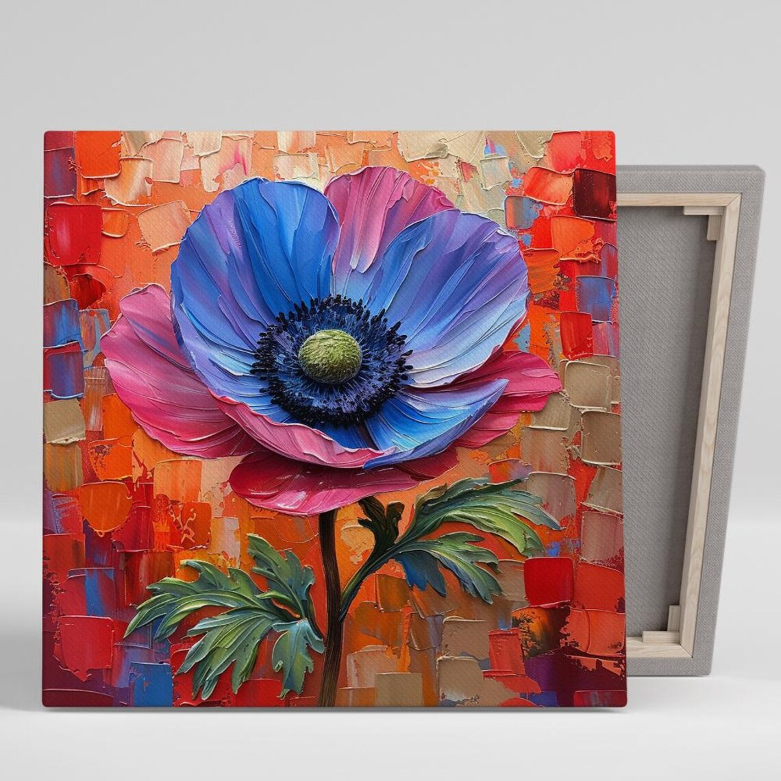Blue Pink Poppy Bloom Impasto Abstract Red Orange Background Poster