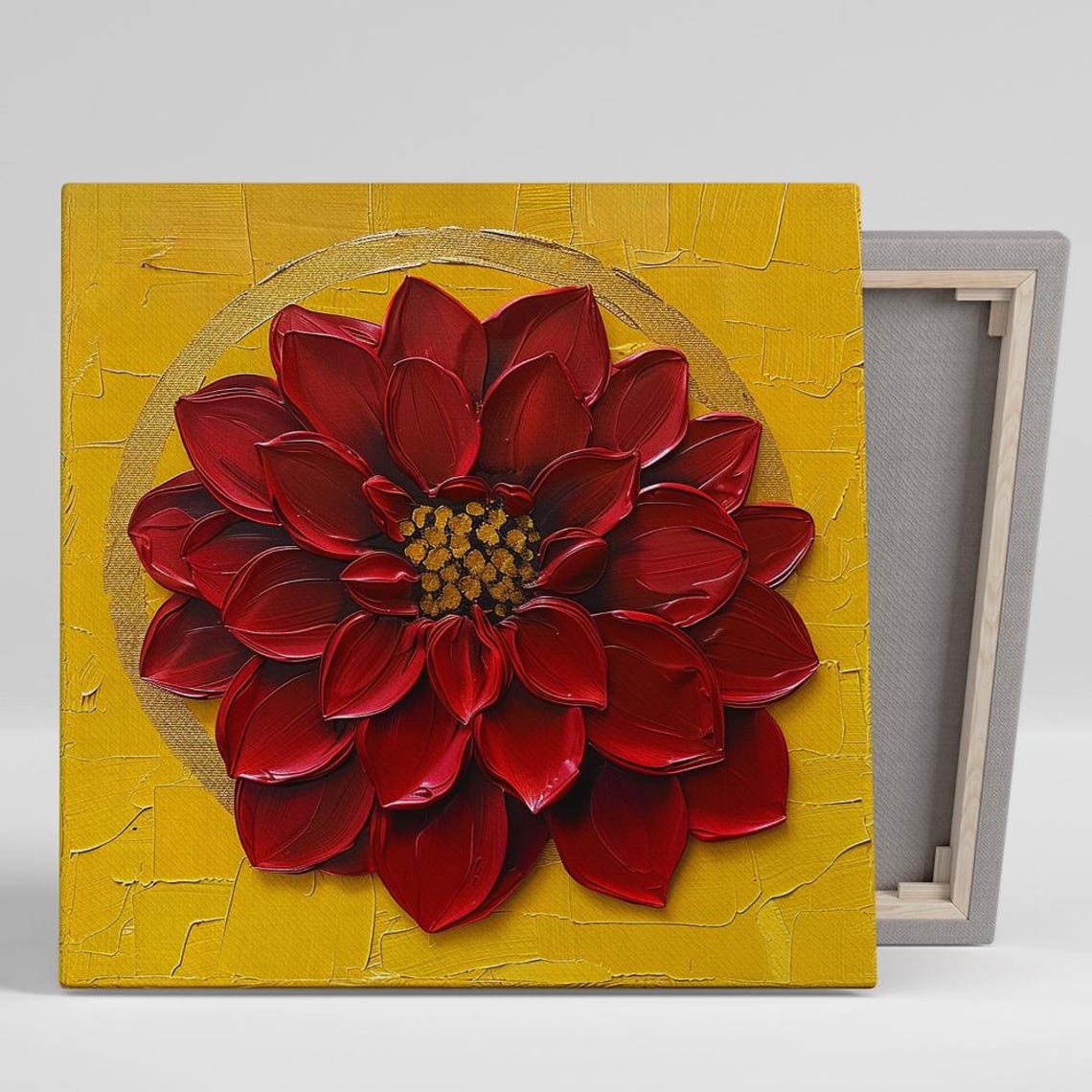 Deep Red Dahlia Golden Halo Yellow Impasto Luxury Floral Wall Poster