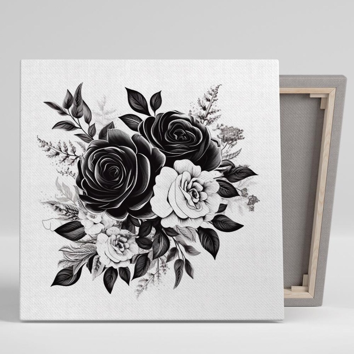 Black White Rose Bouquet Monochrome Botanical Line Art Floral Poster