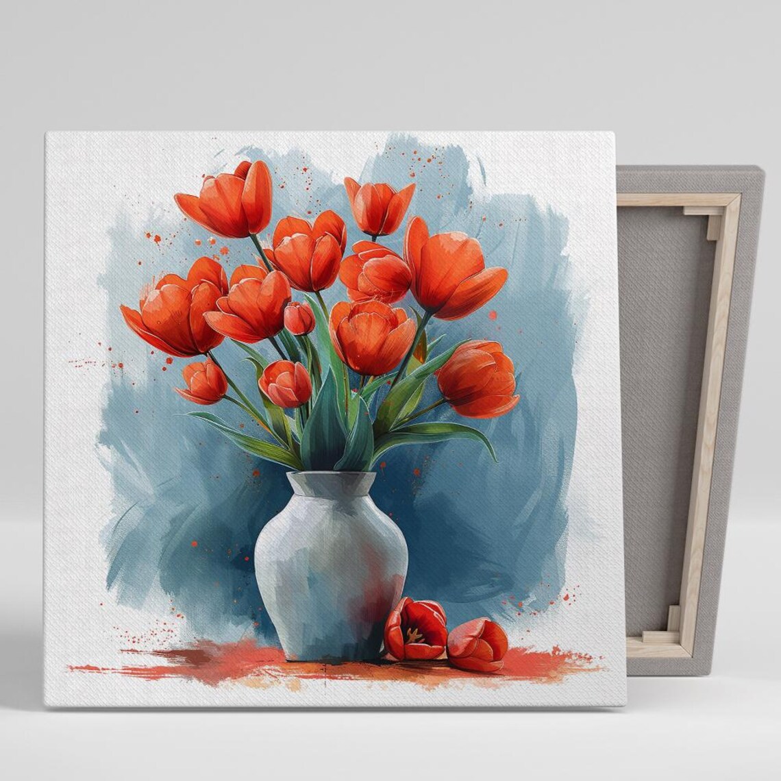Red Tulip Bouquet in White Vase Watercolor on Blue Background Print