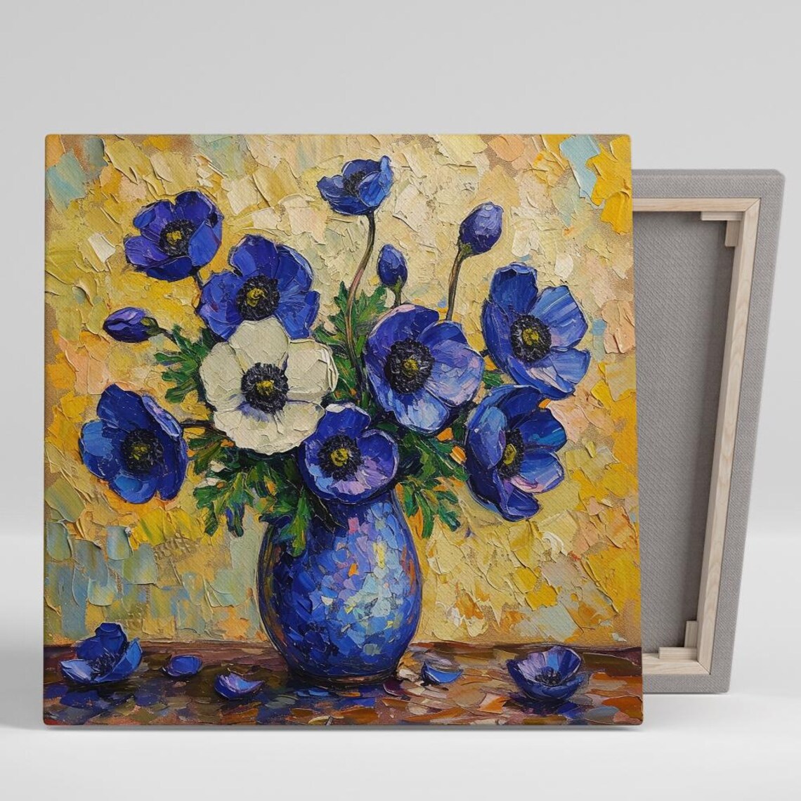 Blue Anemone Bouquet In Blue Vase Impasto Oil Painting Art Poster