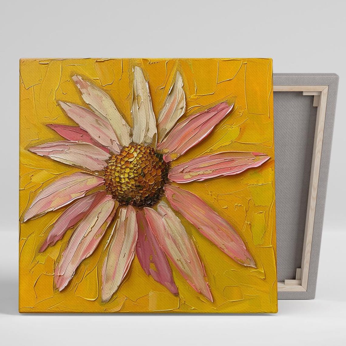Pink Daisy Impasto Oil Painting On Textured Gold Background Poster