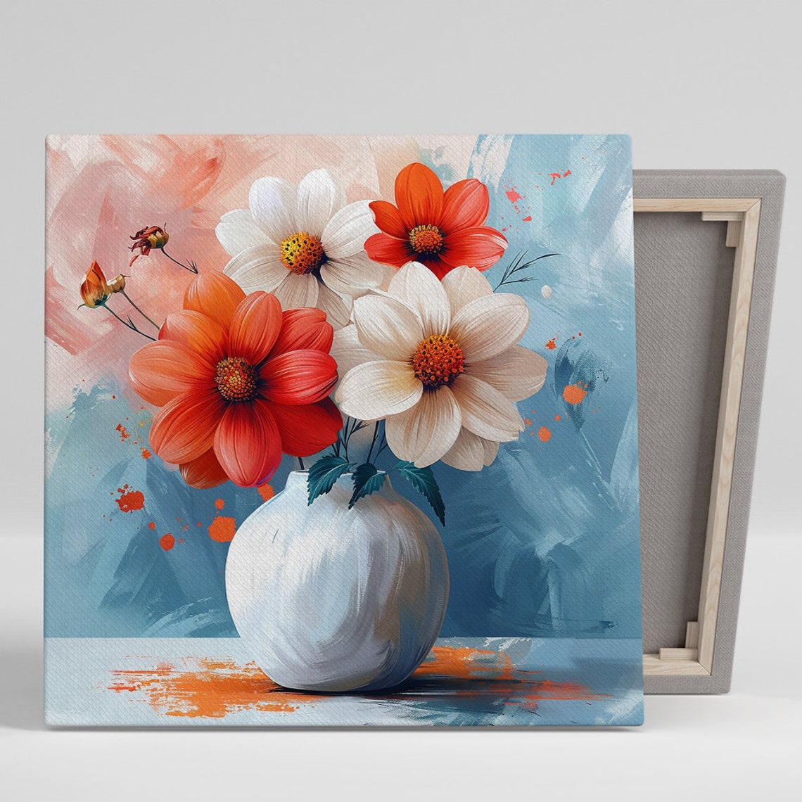 Red White Dahlia Bouquet White Vase Blue Splash Modern Art Poster