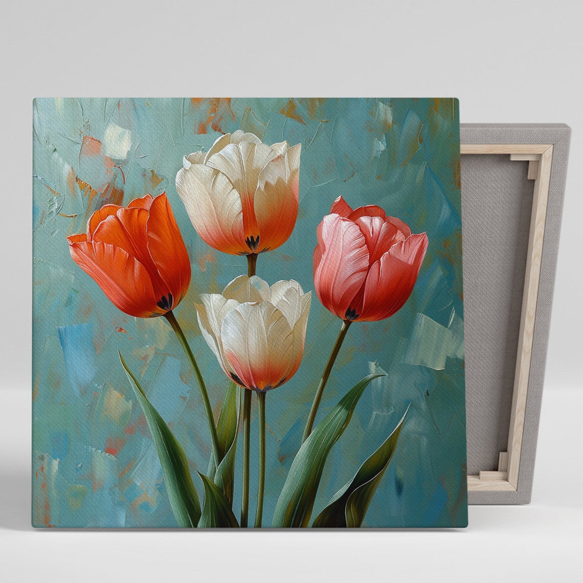 Tulip Quartet Orange White Pink Teal Textured Background Art Poster
