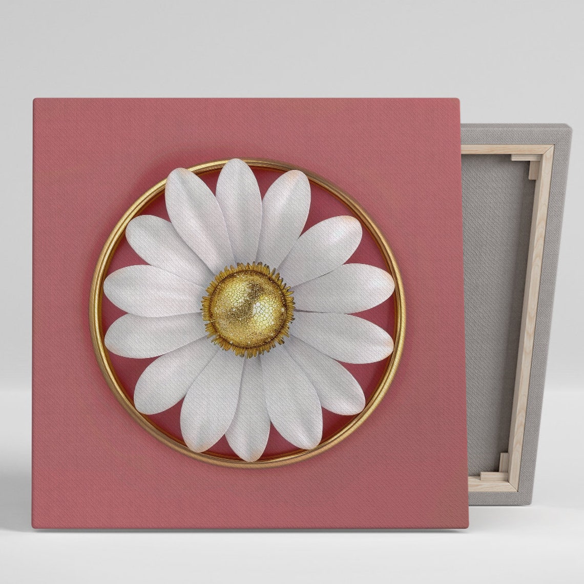White Daisy Gold Ring Frame Mauve Background Glam 3D Floral Art Poster