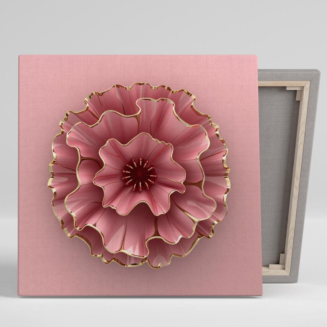 Blush Pink Peony Bloom Ruffled Gold Trim Glam Floral Wall Art