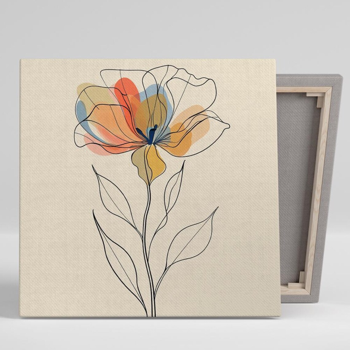 Abstract Poppy Line Art Orange Blue Wash Modern Minimalist Poster