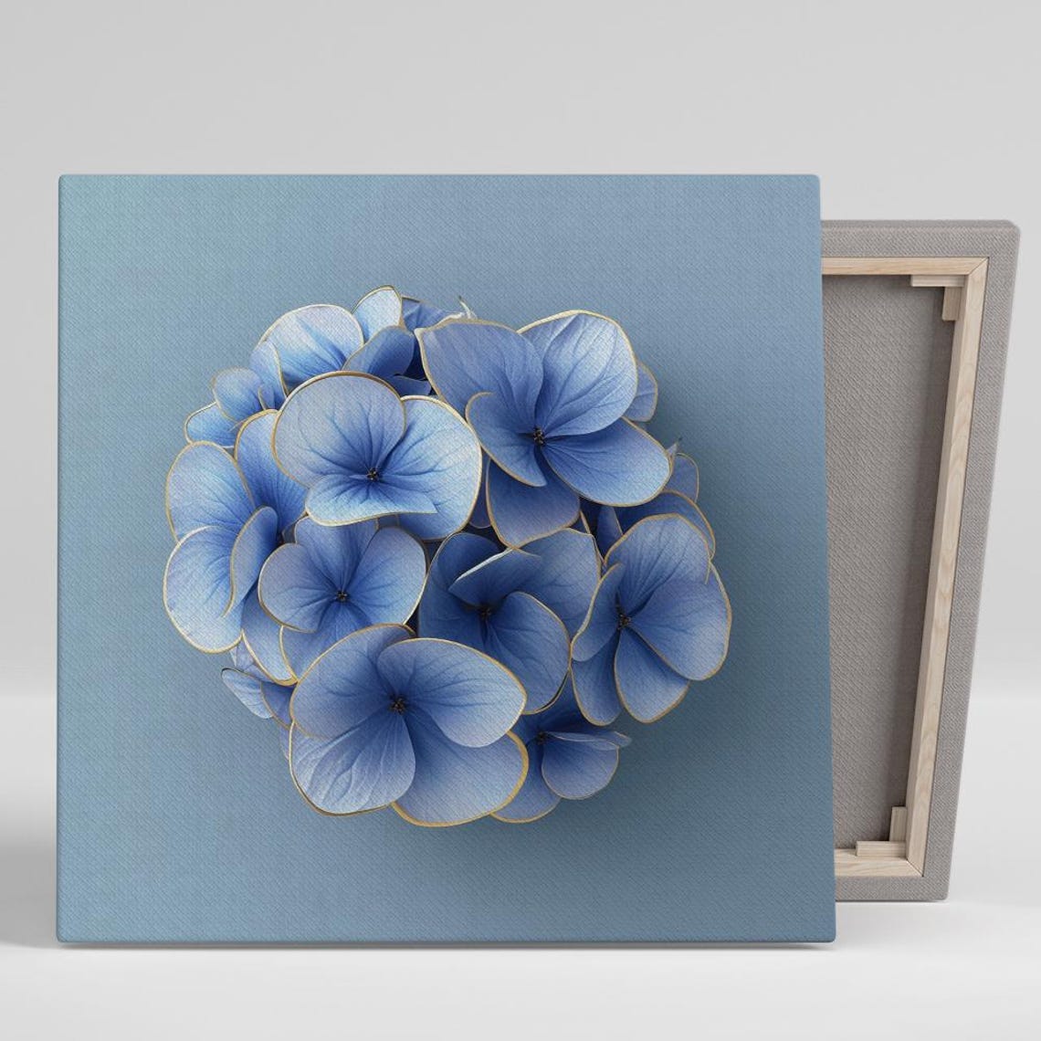 Blue Hydrangea Cluster with Gold Edges Serene Floral Wall Art