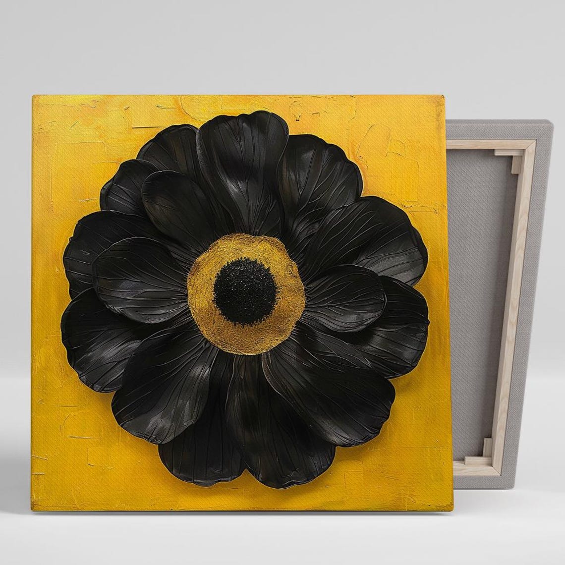 Black Daisy Golden Ring Center Mustard Yellow Textured Floral Poster