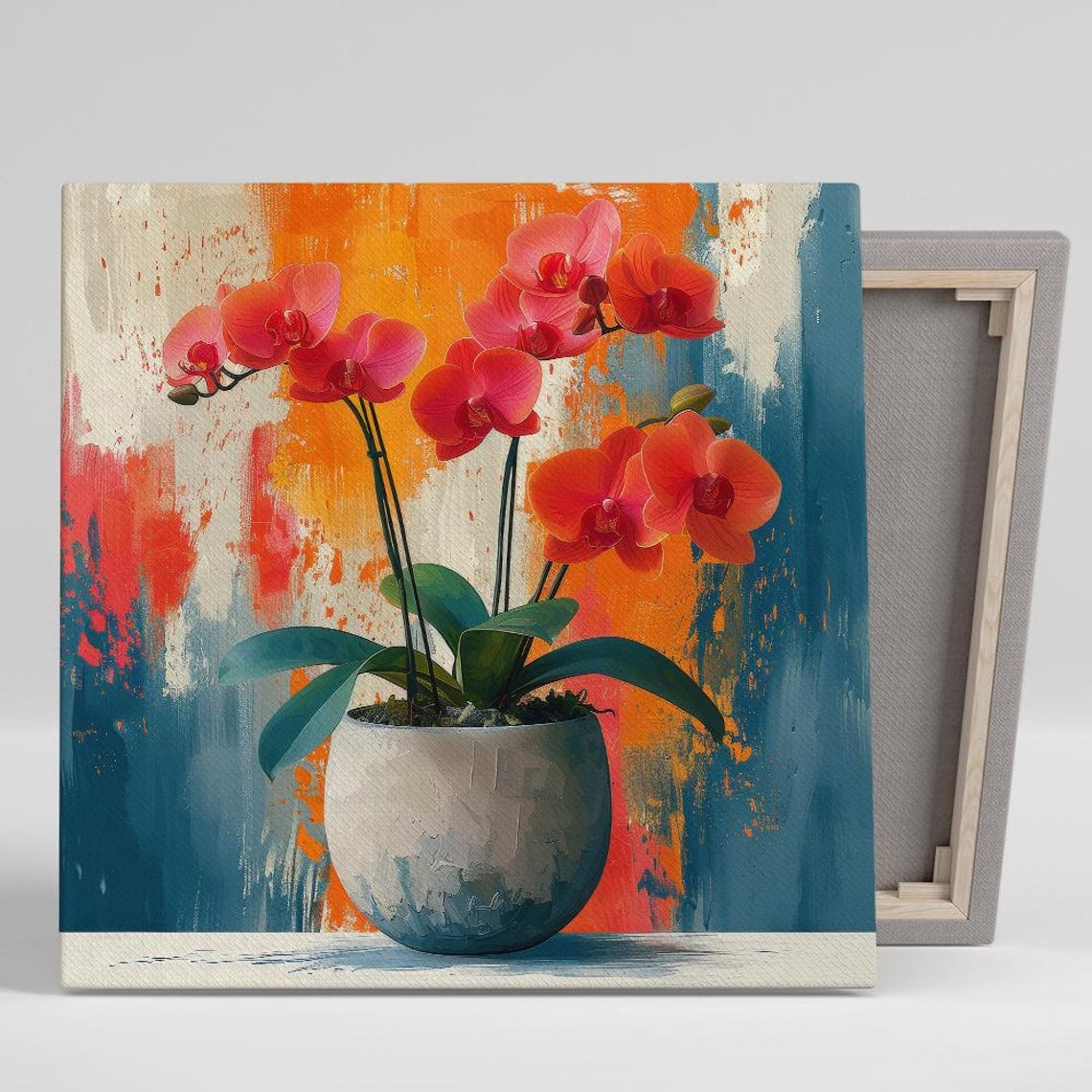 Pink Orchid Blooms in Pot Abstract Orange Teal Canvas Wall Art
