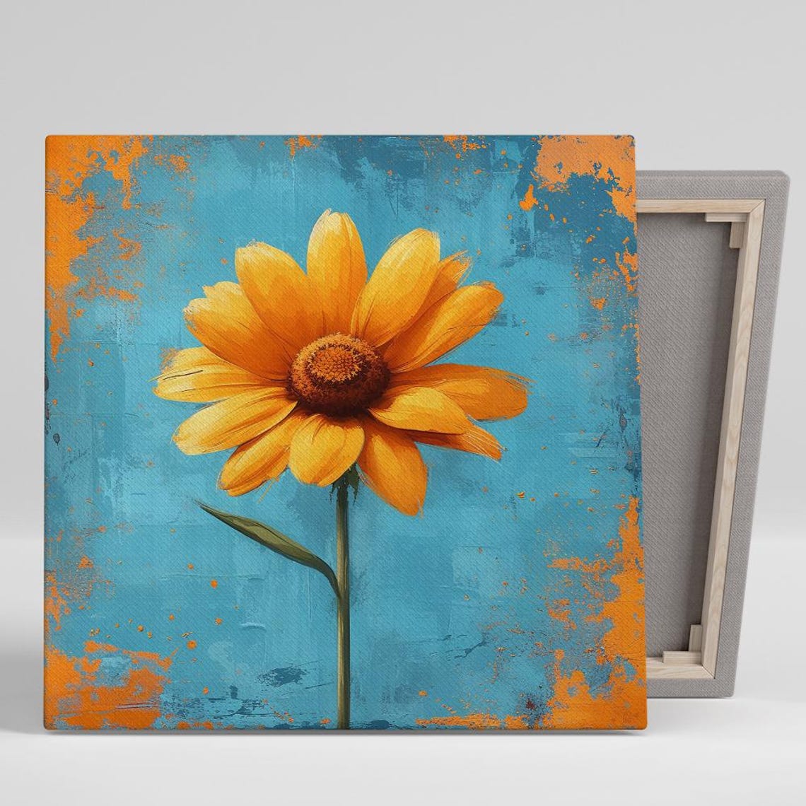 Golden Sunflower Bloom Single Stem Turquoise Textured Art Poster