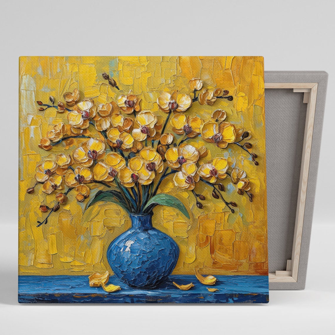 Golden Orchids Blue Vase Impasto Still Life Yellow Floral Art Print