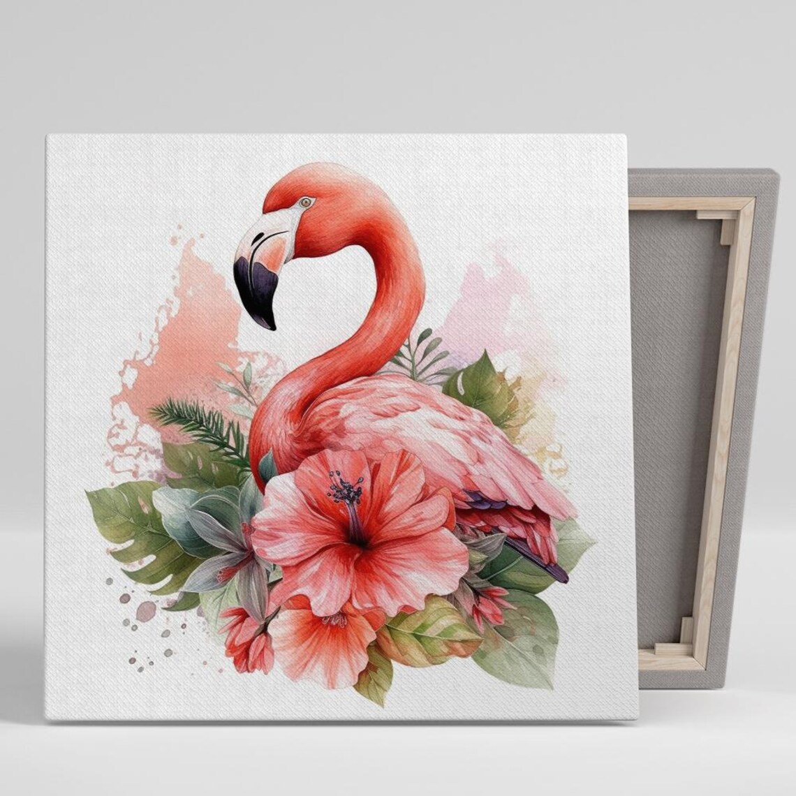 Pink Flamingo Hibiscus Watercolor Tropical Botanical Bird Wall Art