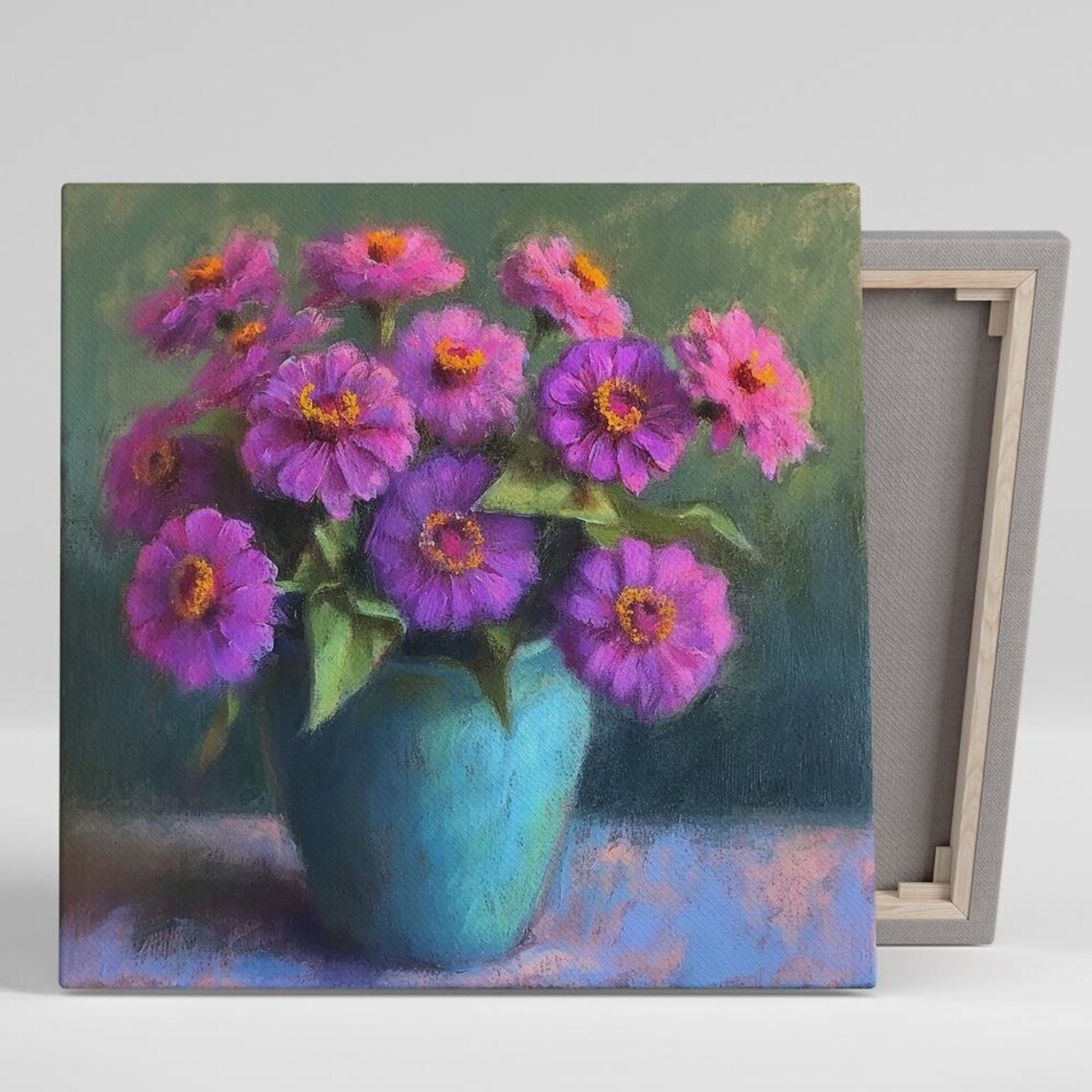 Purple Zinnia Bouquet Teal Vase Moody Green Floral Art Poster