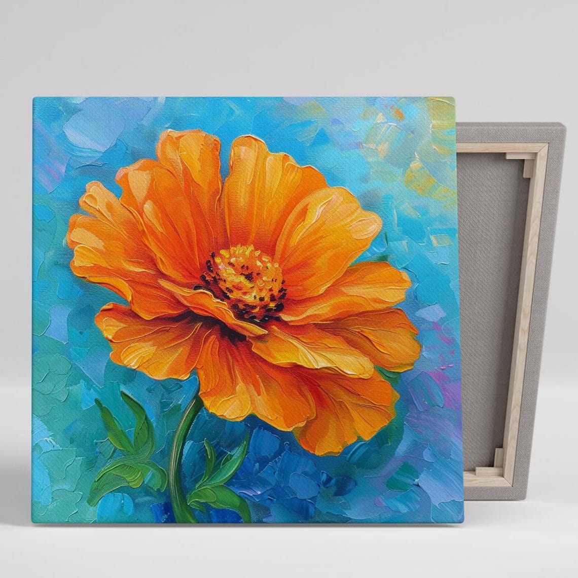 Orange Cosmos Bloom Macro Impasto Turquoise Background Art Poster