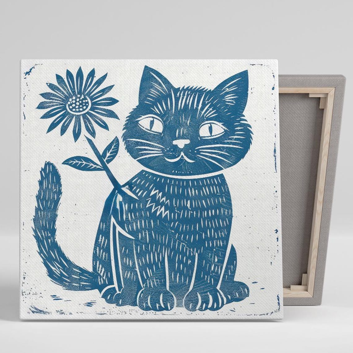 Blue Linocut Cat Holding Daisy Rustic Scandinavian Woodcut Poster