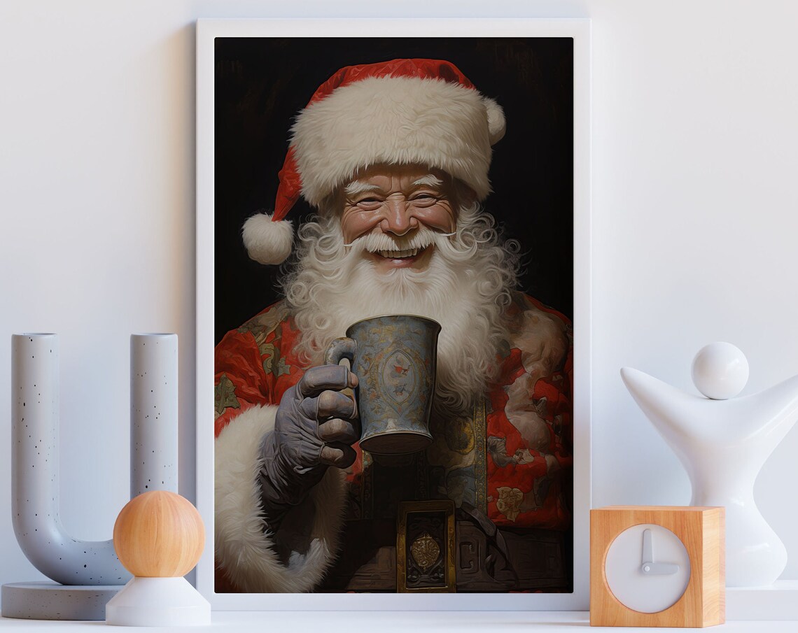 Smiling Santa Claus Raising Antique Tankard Jolly Christmas Toast Wall Art - Image 3