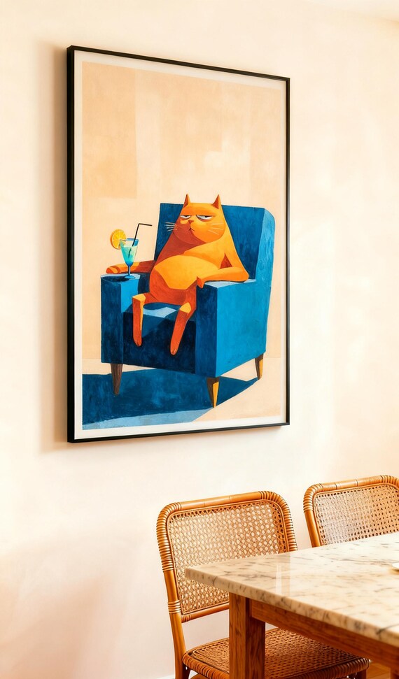 Lazy Orange Cat Wall Art Funny Poster Print Relaxing Kitty On Blue Chair Quirky Animal Illustration For Home Decor