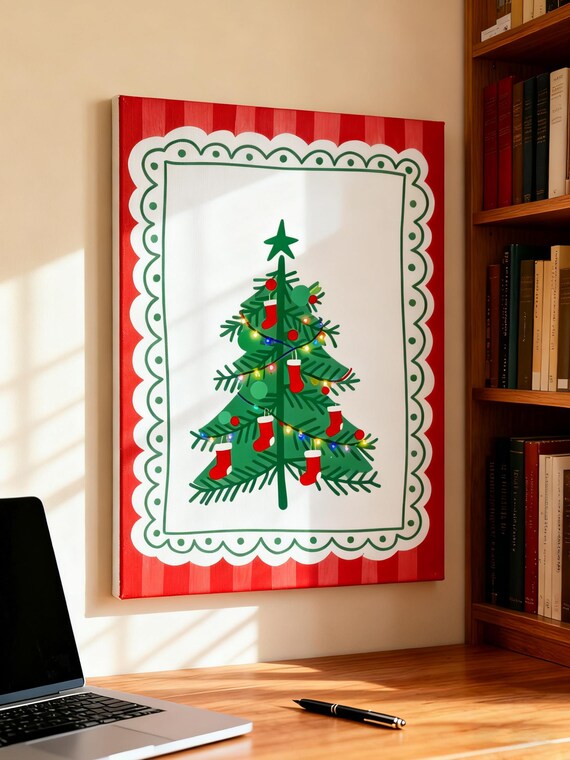 Minimalist Christmas Tree With Stockings Scalloped Border Festive Poster