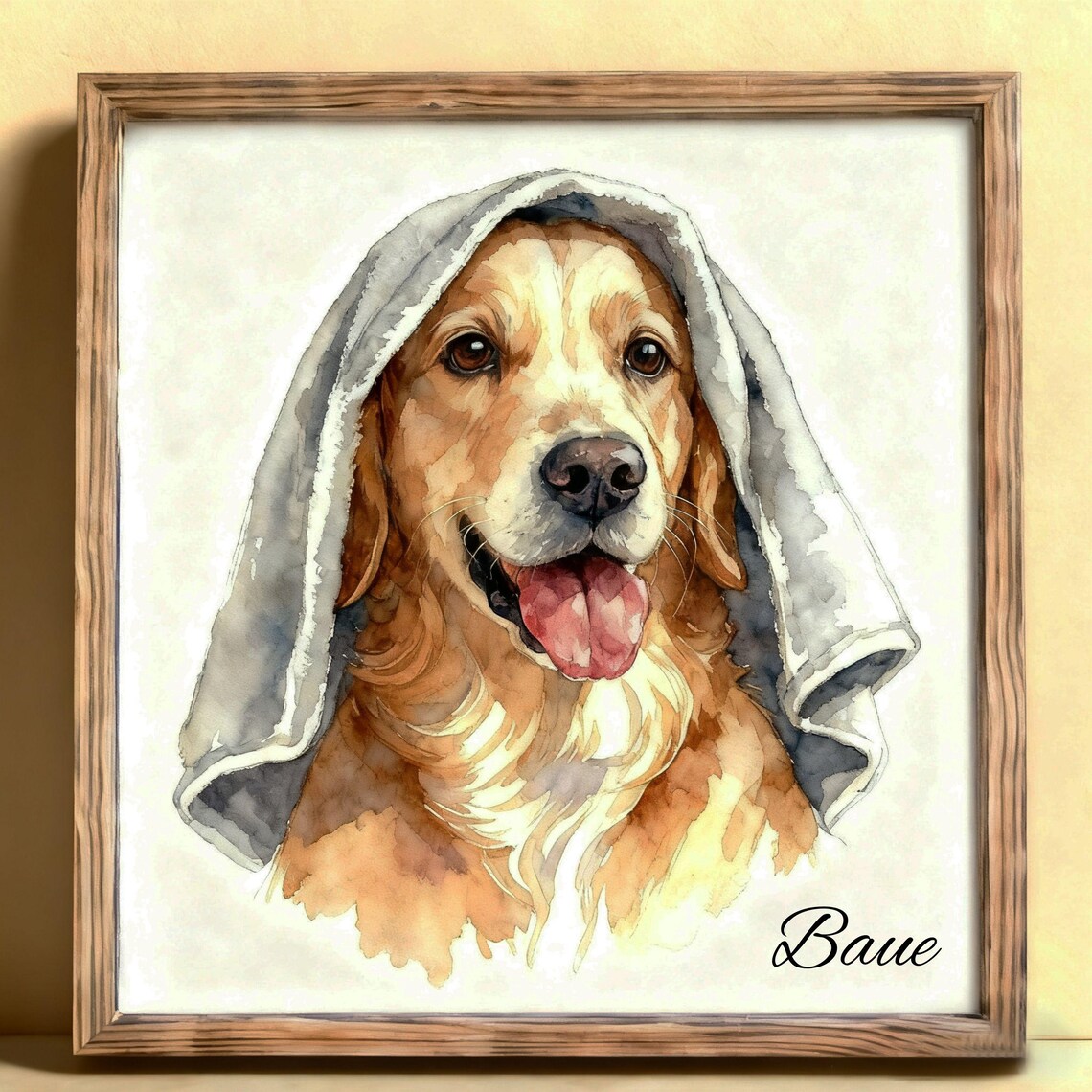 Golden Retriever Puppy Towel Bath Watercolor Cute Dog Portrait Art Poster